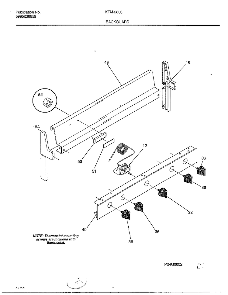Backguard Diagram and Parts List for 2803-80B  Frigidaire Range