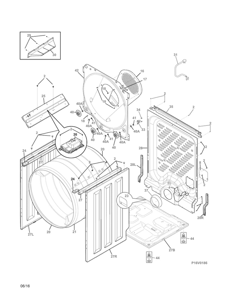 Cabinet/drum Diagram and Parts List for FFRG1001PW1  Frigidaire Dryer