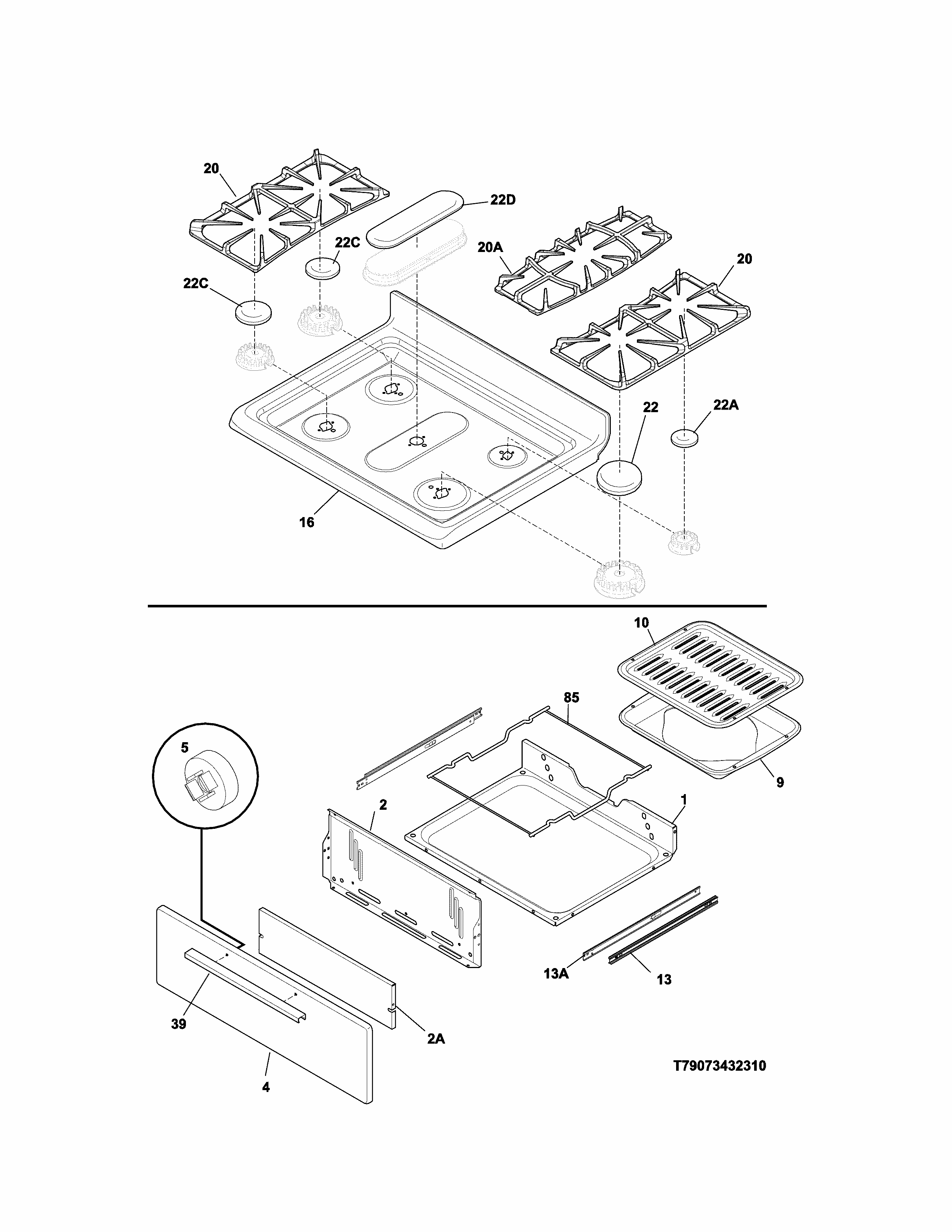 Top/drawer Diagram and Parts List for 79073439312  Kenmore Range