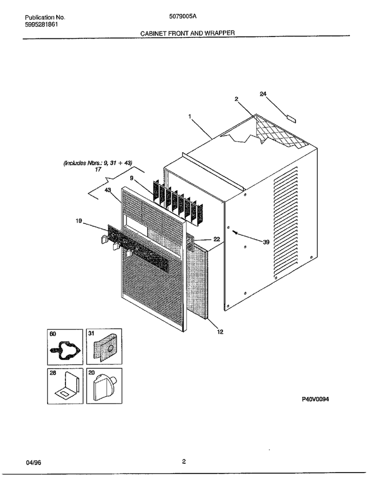 Cabinet Front And Wrapper Diagram and Parts List for 5079005A  Frigidaire Air Conditioner