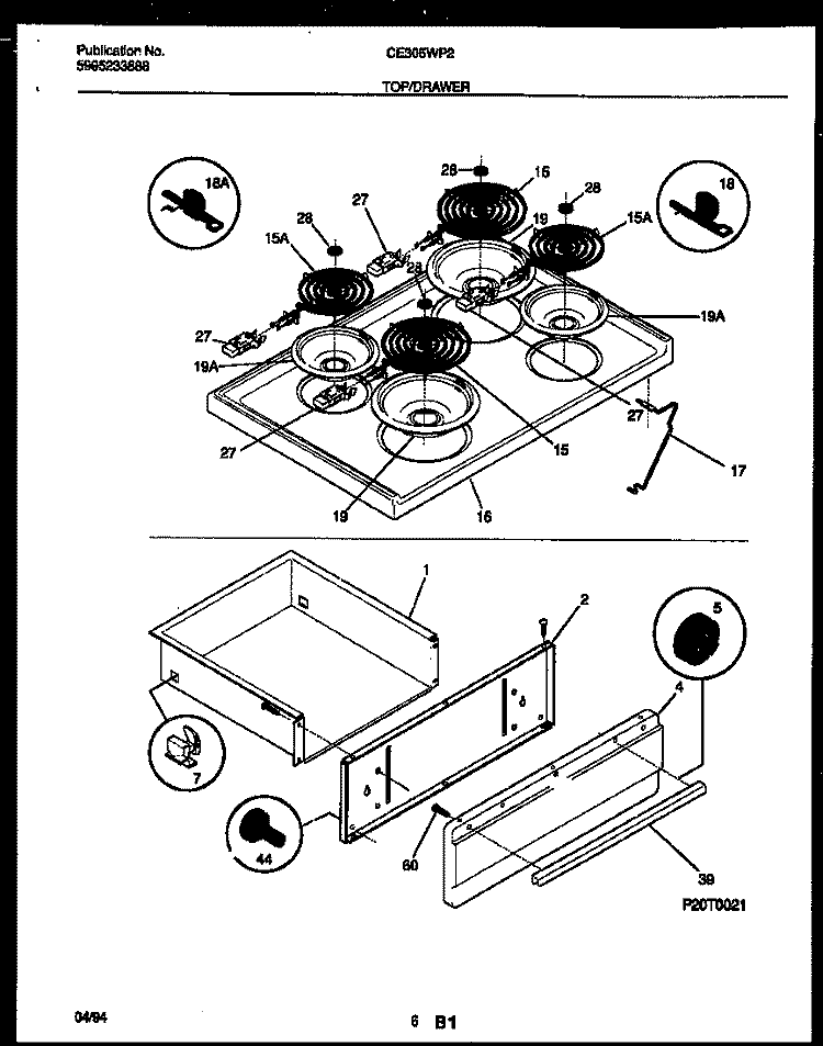 COOKTOP AND DRAWER PARTS Diagram and Parts List for CE305WP2W1  Frigidaire Range