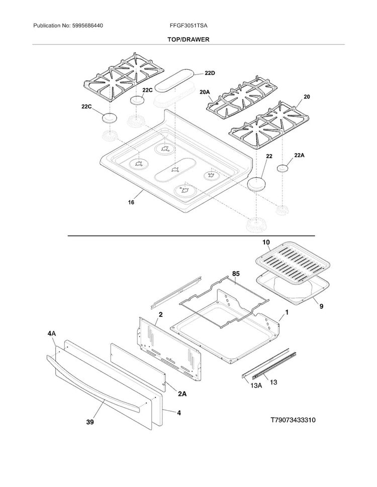 Top/drawer Diagram and Parts List for FFGF3051TSA  Frigidaire Range