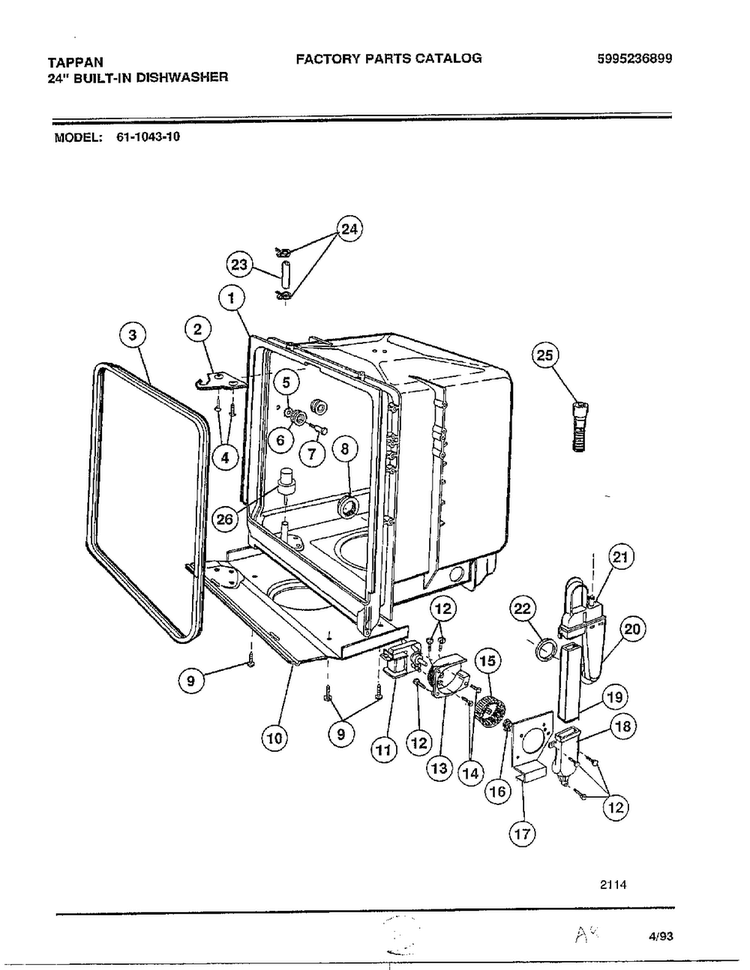 Motor/blower Fan Diagram and Parts List for 61-1043-10  Frigidaire Dishwasher