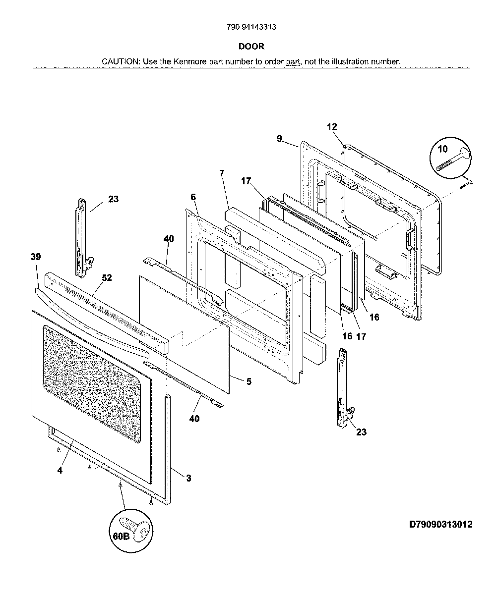 Door Diagram and Parts List for 79094143313  Kenmore Range
