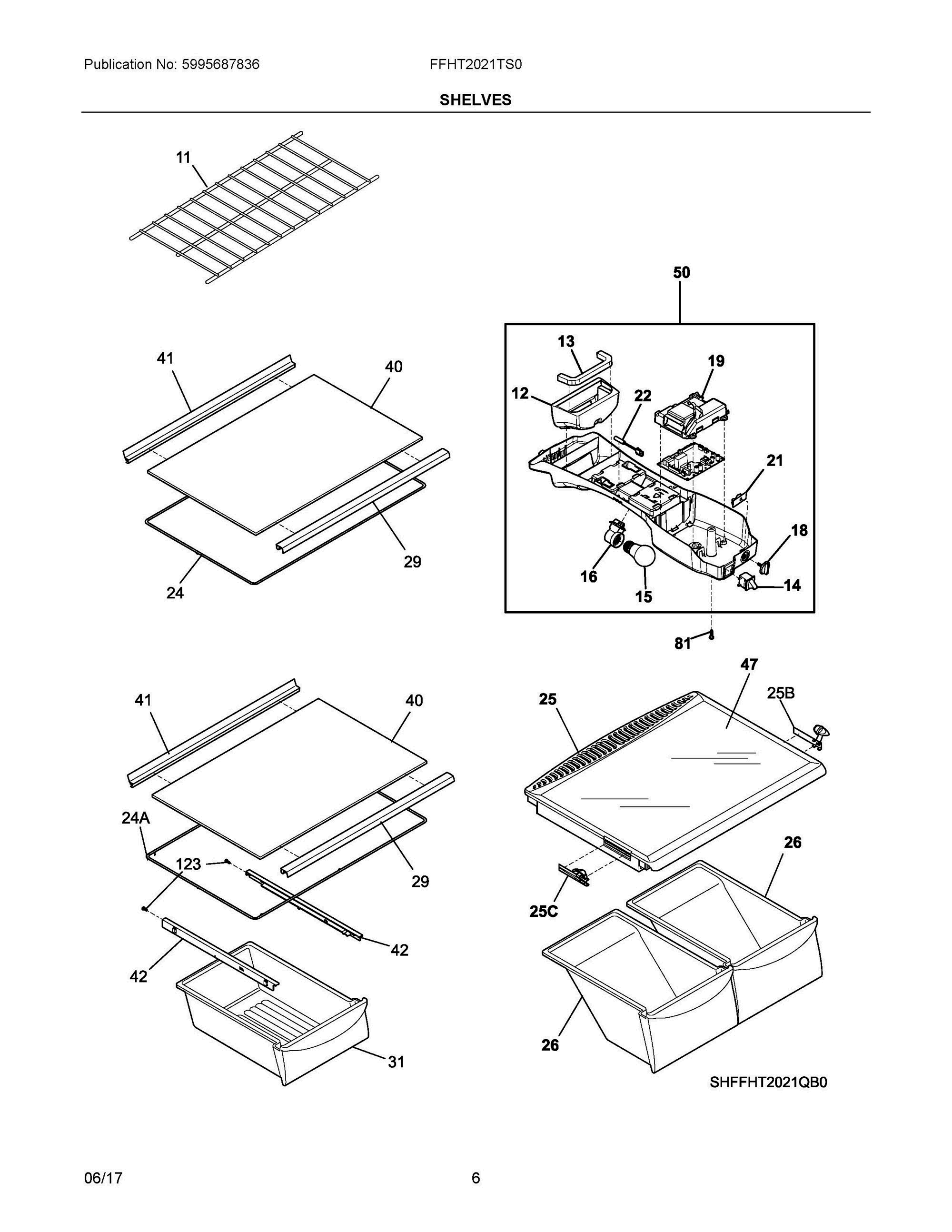 04 - SHELVES Diagram and Parts List for FFHT2021TS0  Frigidaire Refrigerator