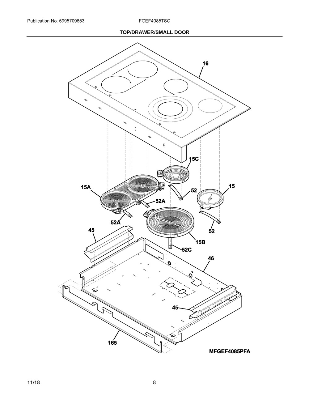 Top/drawer/small Door Diagram and Parts List for FGEF4085TSC  Frigidaire Range