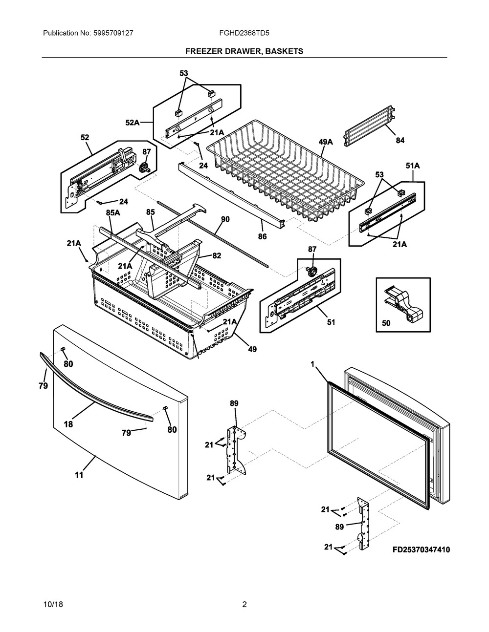 Freezer Drawer, Baskets Diagram and Parts List for FGHD2368TD5  Frigidaire Refrigerator