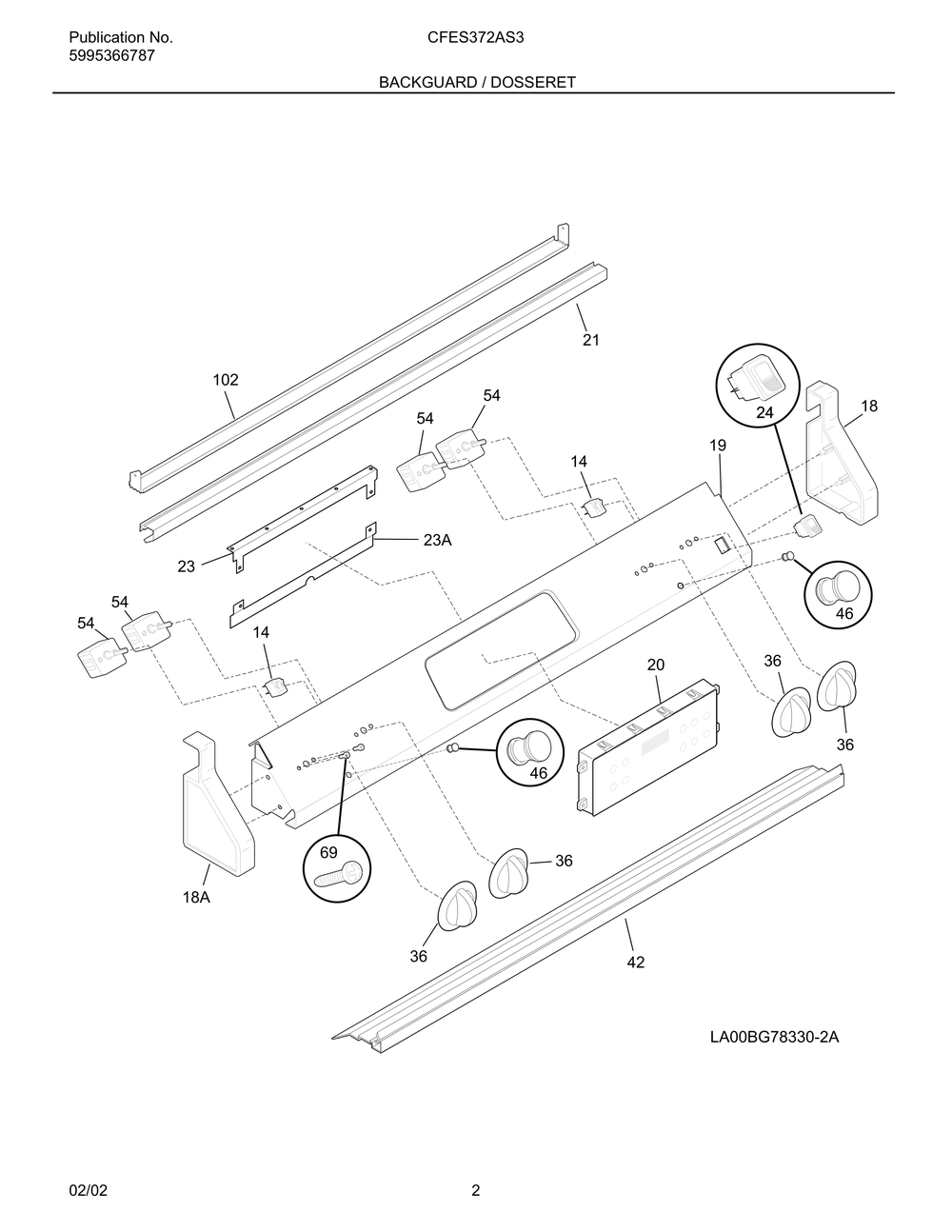 Backguard / Dosseret Diagram and Parts List for CFES372AS3  Frigidaire Range