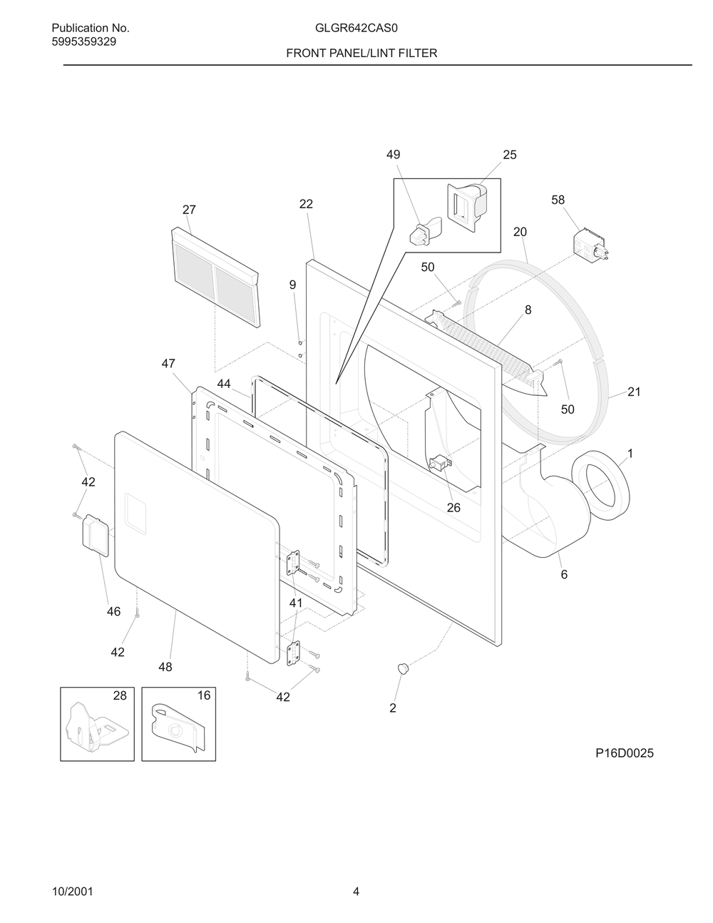 Front Panel/Lint Filter Diagram and Parts List for GLGR642CAS0  Frigidaire Dryer