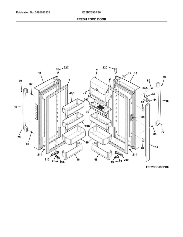 Fresh Food Door Diagram and Parts List for E23BC69SPS0  Electrolux Refrigerator