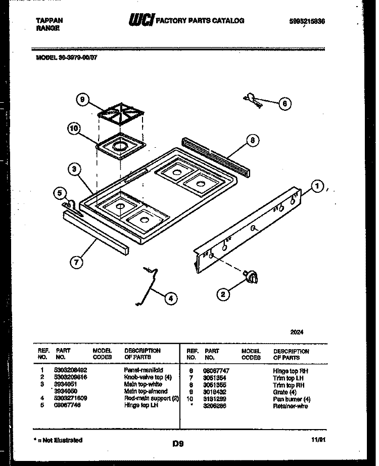 COOKTOP PARTS Diagram and Parts List for 30-3979-00-07  Tappan Range