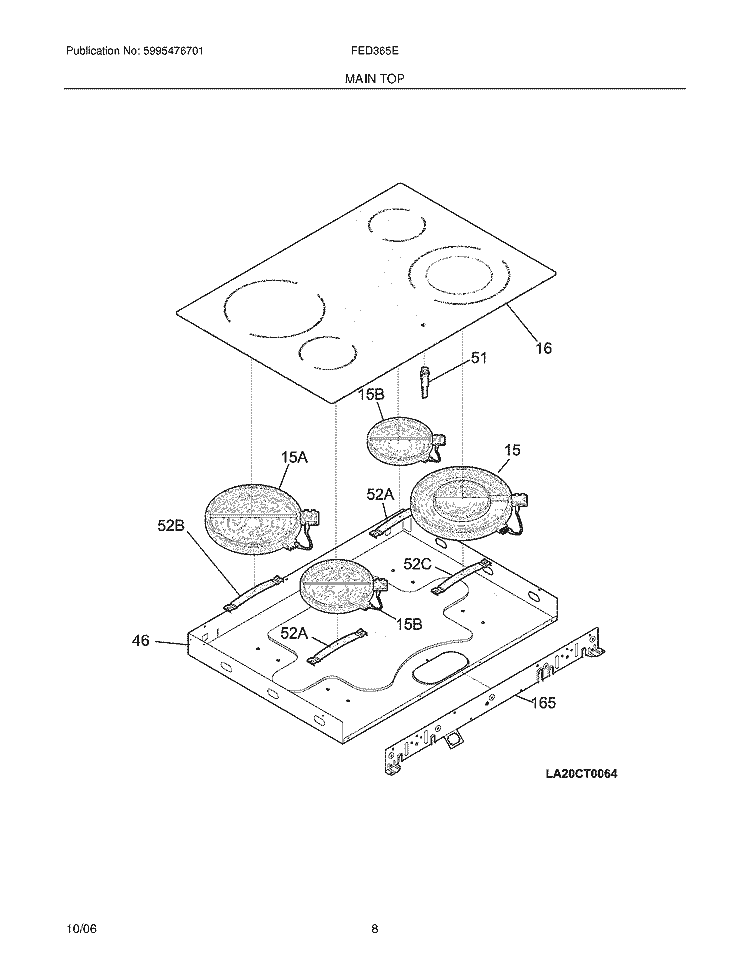 MAIN TOP Diagram and Parts List for FED365EQC  Frigidaire Range