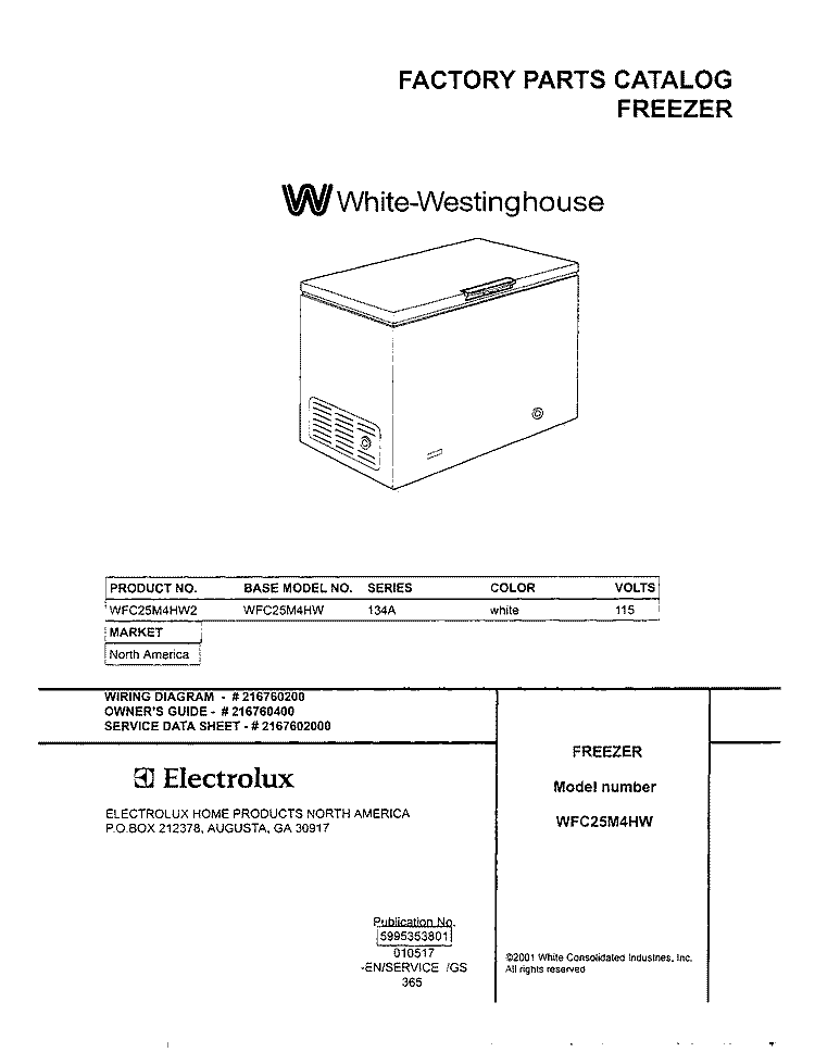 COVER Diagram and Parts List for WFC25M4HW2  Westinghouse Freezer