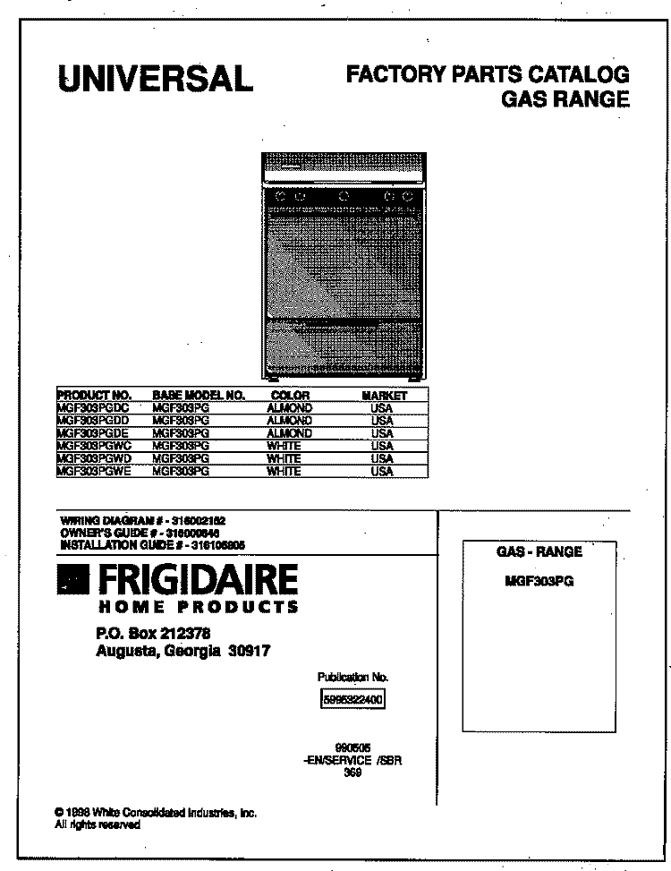 COVER Diagram and Parts List for MGF303PGDD  Frigidaire Range
