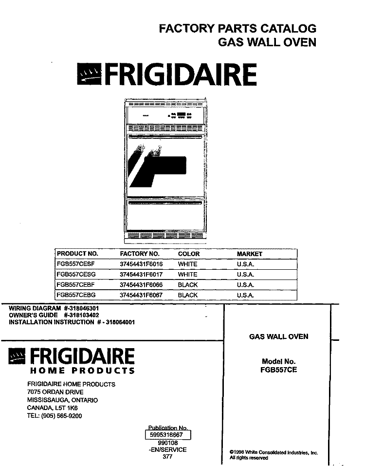 COVER Diagram and Parts List for FGB557CEBF  Frigidaire Wall Oven