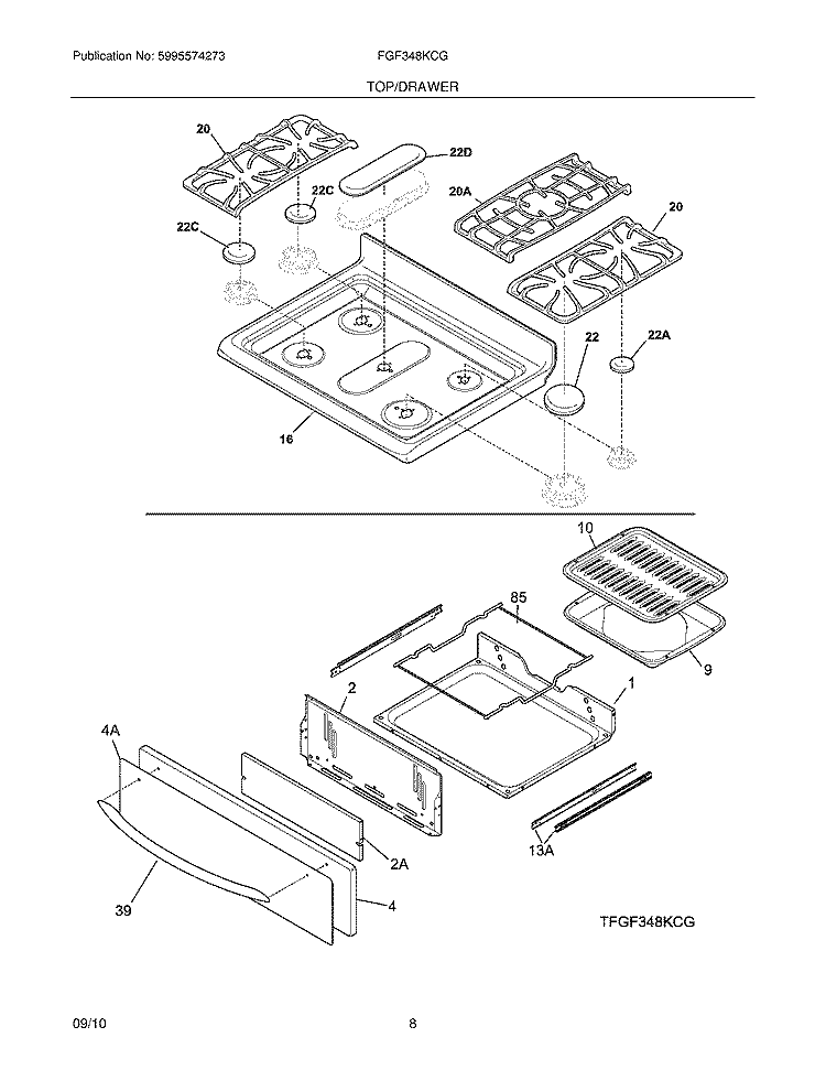 TOP/DRAWER Diagram and Parts List for FGF348KCG  Frigidaire Range