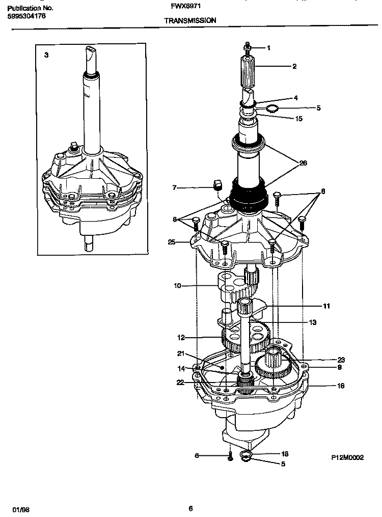 TRANSMISSION Diagram and Parts List for FWX6971EW2  Frigidaire Washer