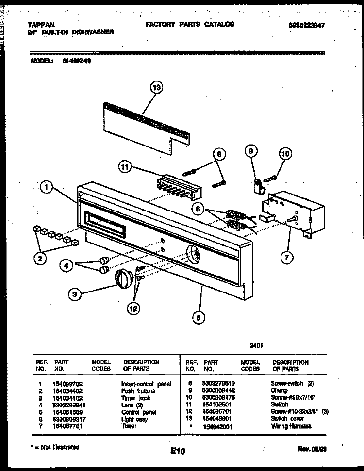 CONSOLE AND CONTROL PARTS Diagram and Parts List for 61-1092-10-00  Tappan Dishwasher