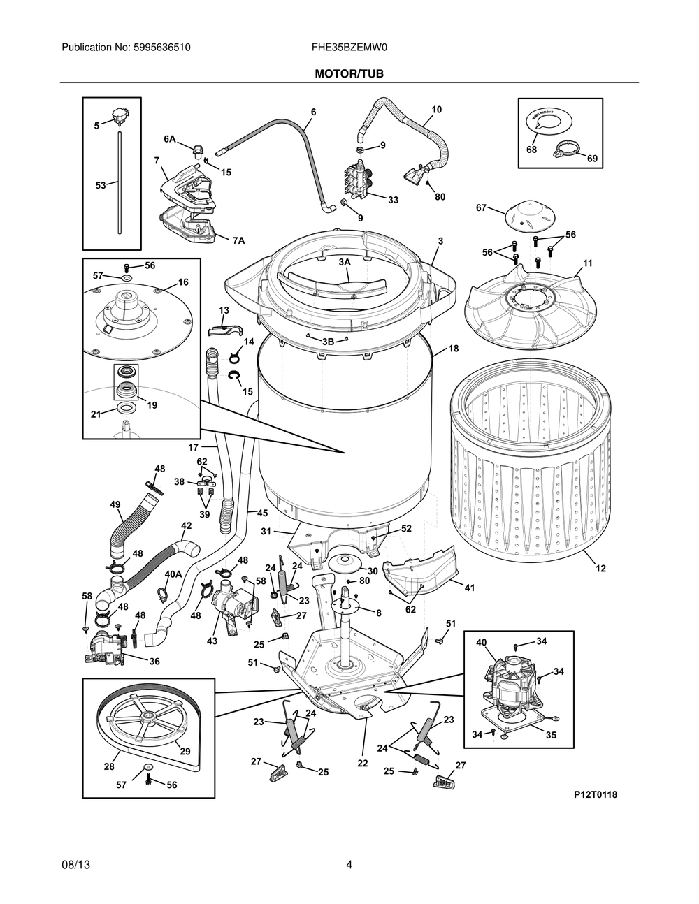 Motor/Tub Diagram and Parts List for FHE35BZEMW0  Frigidaire Washer