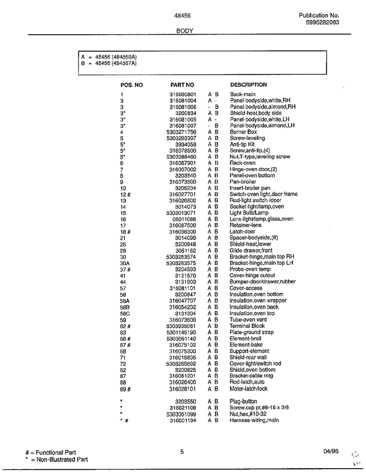 Body Page 2 Diagram and Parts List for 484560A  Frigidaire Range