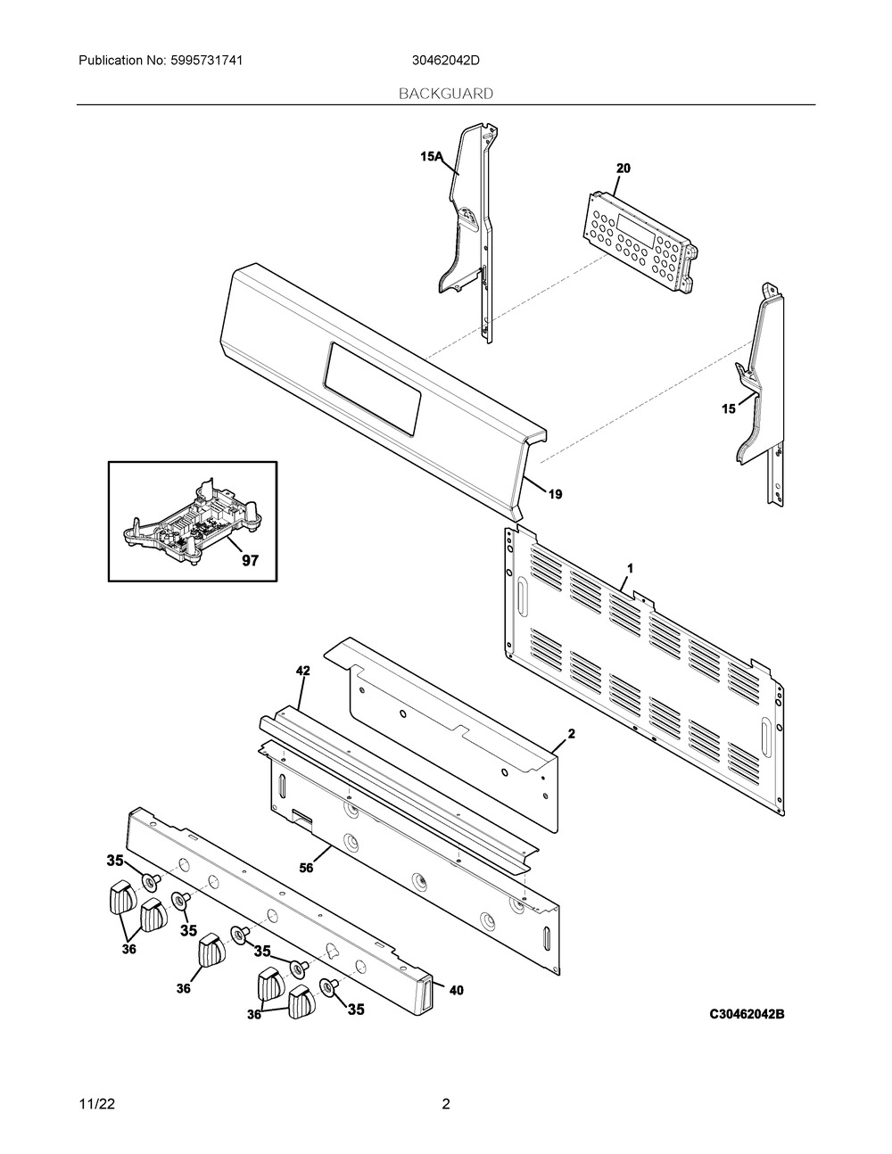 Backguard Diagram and Parts List for 30462042D  Frigidaire Range