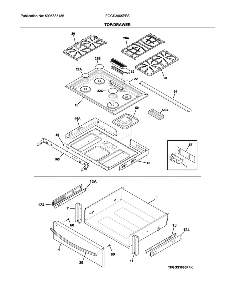Top/drawer Diagram and Parts List for FGGS3065PFS  Frigidaire Range