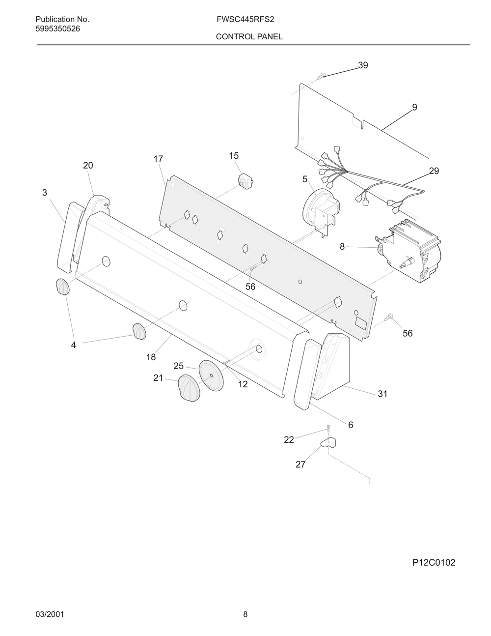 Control Panel Diagram and Parts List for FWSC445RFS2  Frigidaire Washer