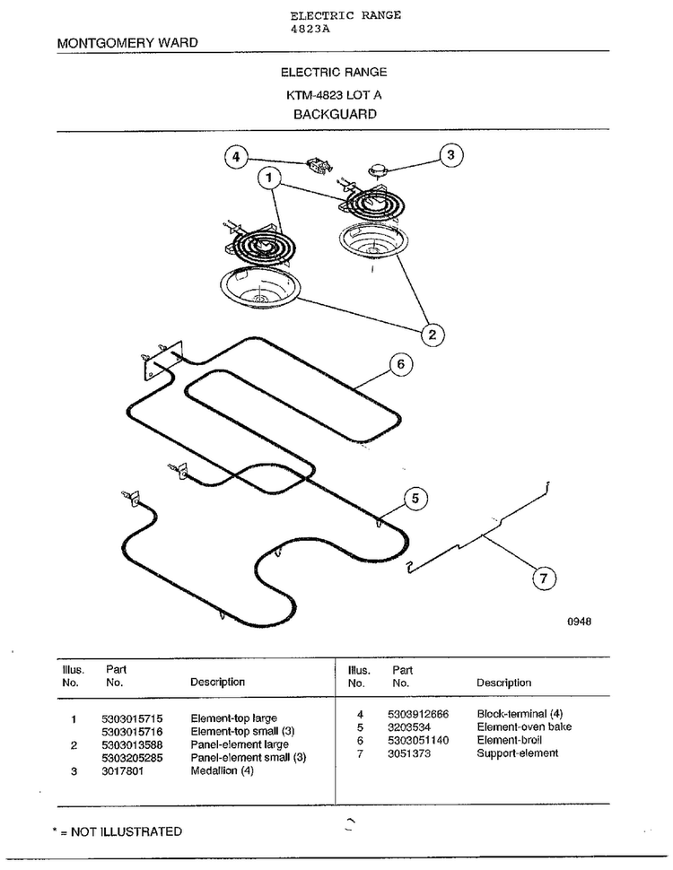 Backguard Diagram and Parts List for 4823A  Frigidaire Range