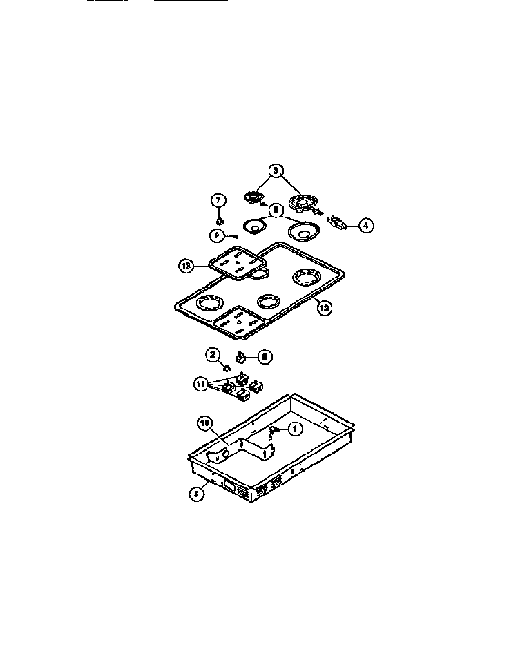 Control Panel, Top, Switches, Surface Units, Drip Pans Diagram and Parts List for FEC3X2XAWA  Frigidaire Cooktop