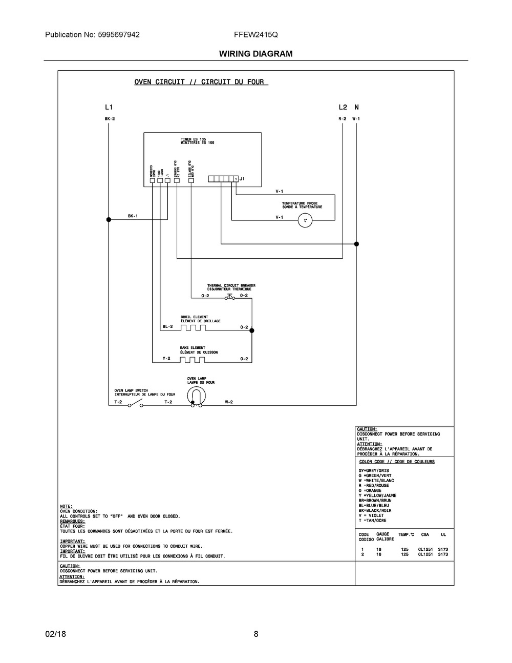 Wiring Diagram Diagram and Parts List for FFEW2415QWC  Frigidaire Wall Oven