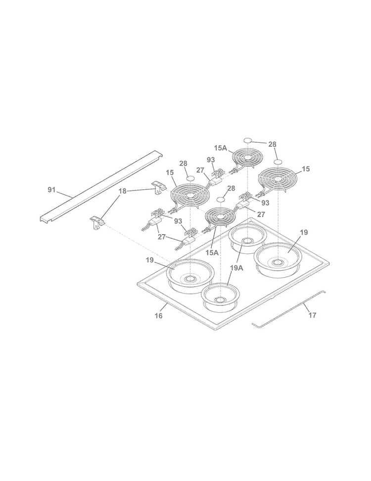 Main Top Diagram and Parts List for FFED3015PBA  Frigidaire Range
