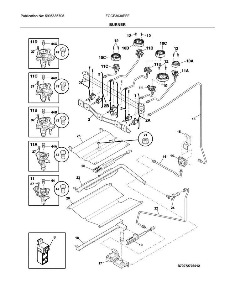 Burner Diagram and Parts List for FGGF3030PFF  Frigidaire Range