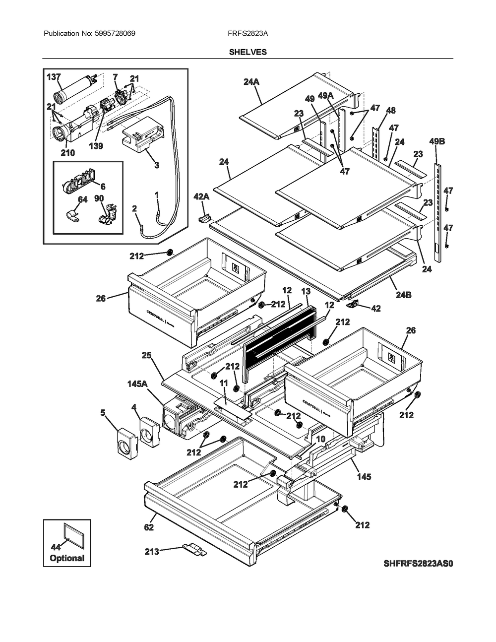 Shelves Diagram and Parts List for FRFS2823AS0  Frigidaire Refrigerator