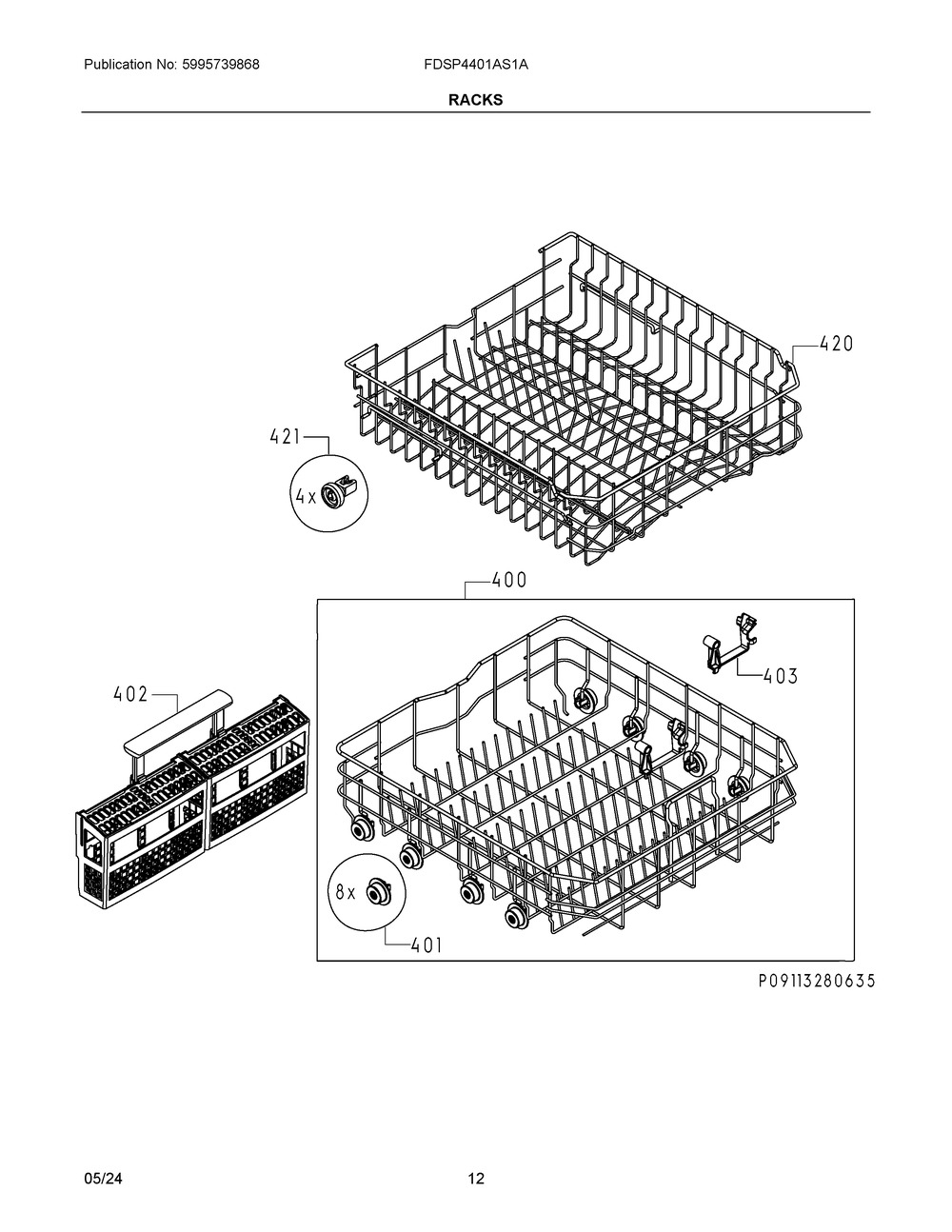 Racks Diagram and Parts List for FDSP4401AS1A  Frigidaire Dishwasher