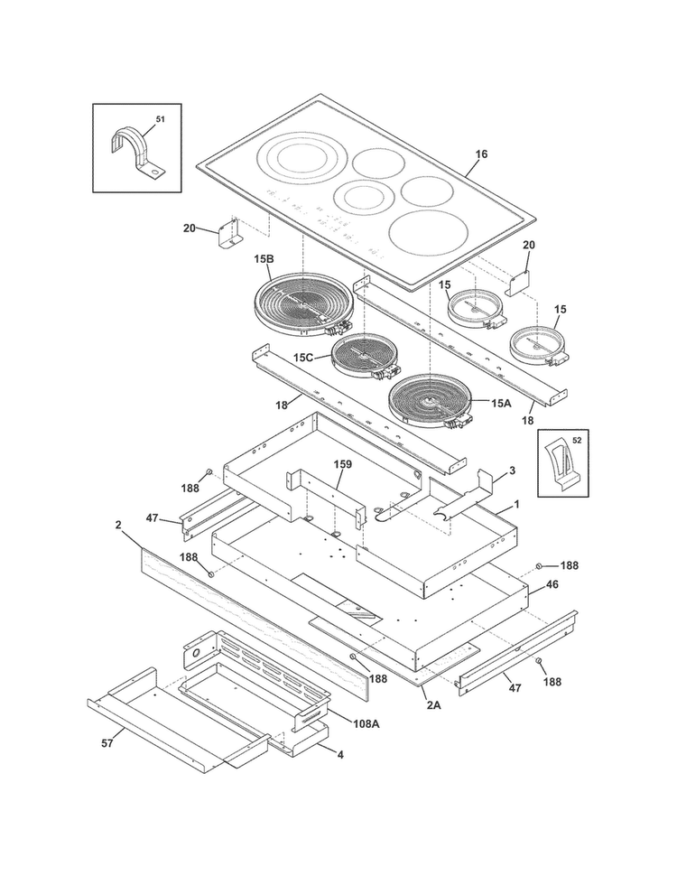 Main Top/surface Units Diagram and Parts List for EI36EC45KS1  Electrolux Cooktop