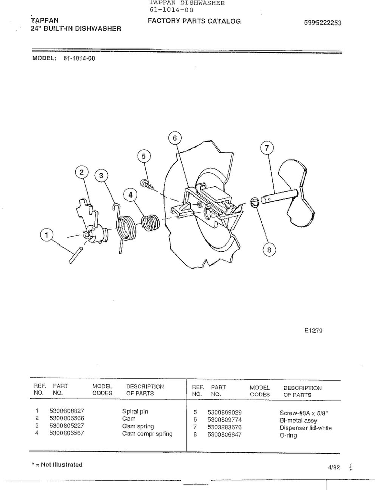 Tappan 24" Built-in Dishwasher Diagram and Parts List for 61-1014-00  Frigidaire Dishwasher