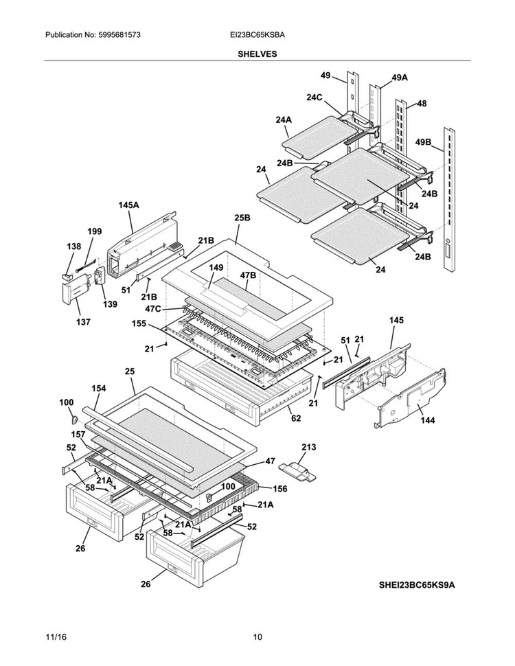 Shelves Diagram and Parts List for EI23BC65KSBA  Electrolux Refrigerator