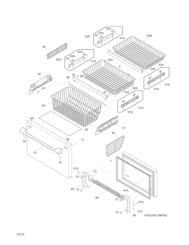 Freezer Drawer, Baskets Diagram and Parts List for E23BC78IPSJA  Electrolux Refrigerator