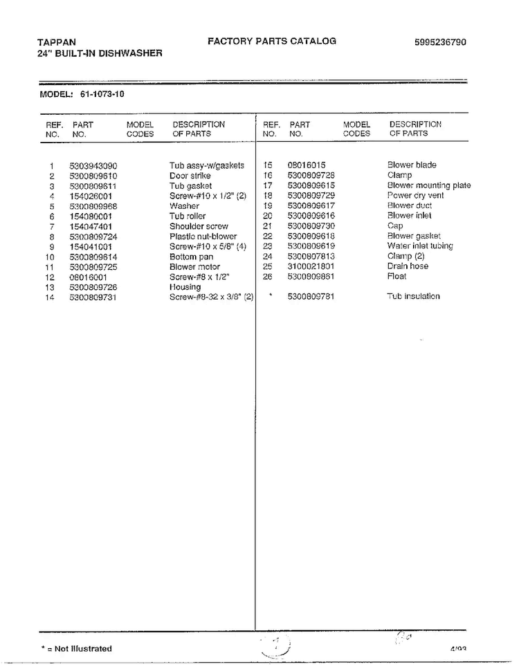 Parts List Diagram and Parts List for 61-1073-10  Frigidaire Dishwasher