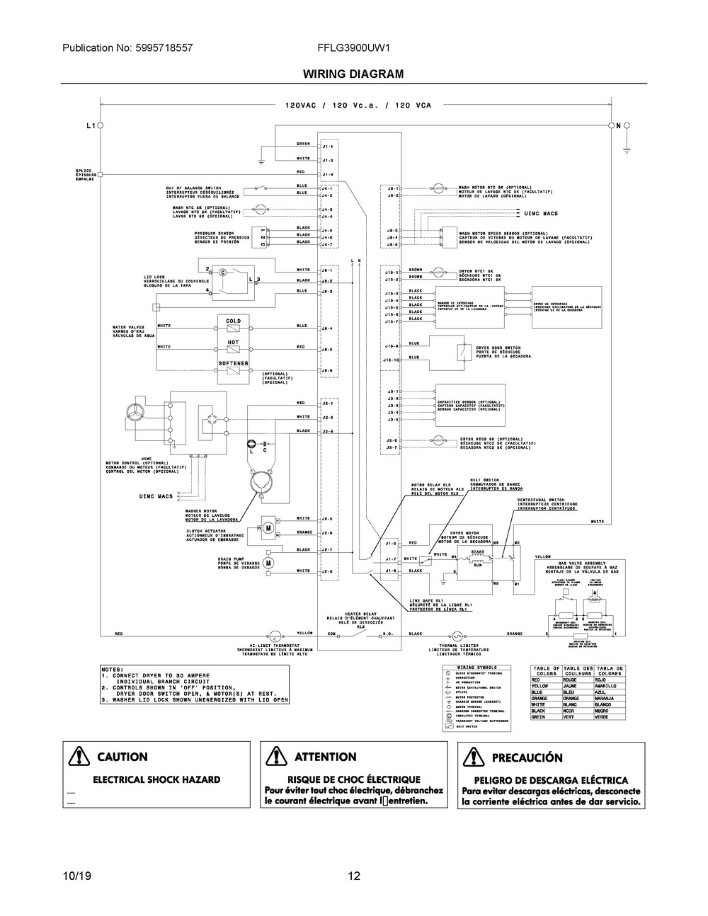 Wiring Diagram Diagram and Parts List for FFLG3900UW1  Frigidaire Washer Dryer Combo