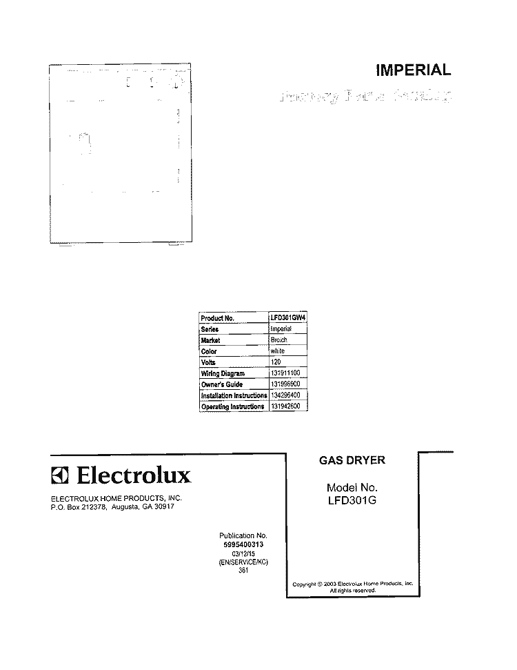 COVER Diagram and Parts List for LFD301GW4  Frigidaire Dryer