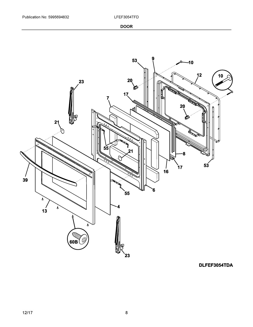 Door Diagram and Parts List for LFEF3054TFD  Frigidaire Range