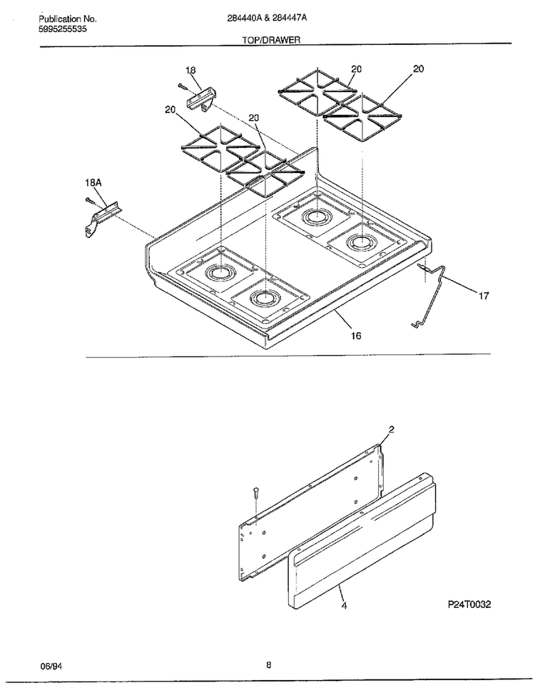 Top/drawer Diagram and Parts List for 284447A  Frigidaire Range