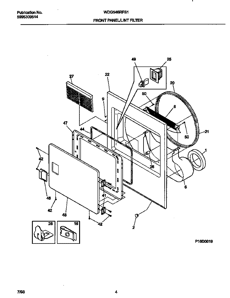 FRONT PANEL / LINT FILTER Diagram and Parts List for WDG546RFS1  Frigidaire Dryer