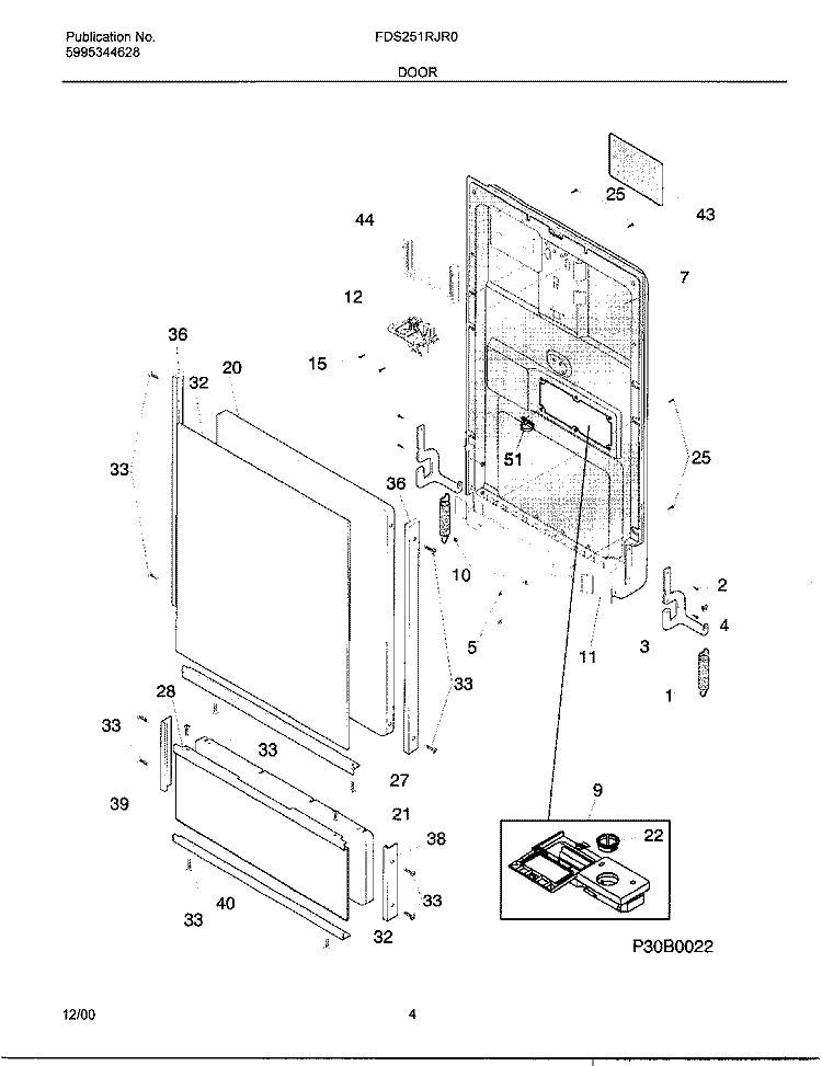 DOOR Diagram and Parts List for FDS251RJR0  Frigidaire Dishwasher