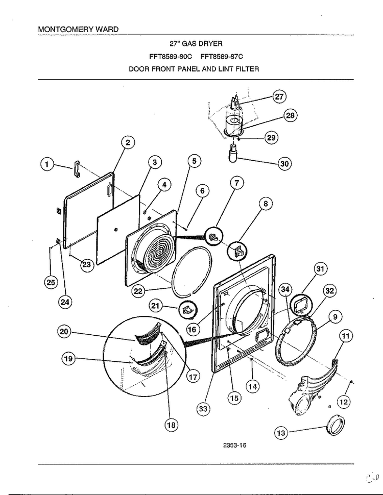 Door Front Panel And Lint Filter Diagram and Parts List for 8589-80C  Frigidaire Dryer