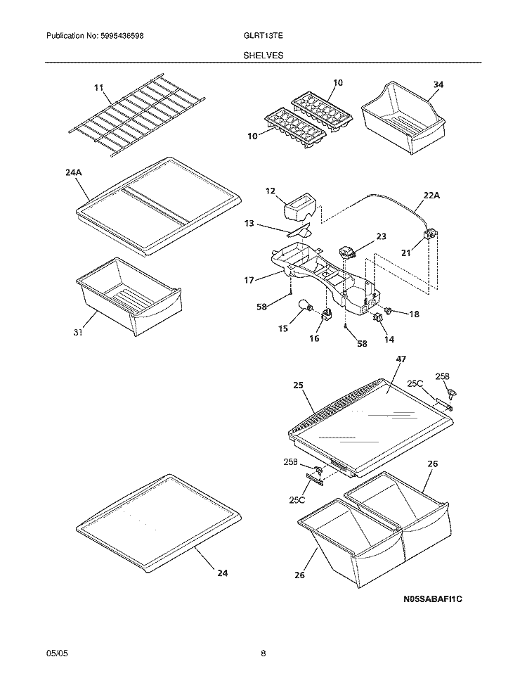 SHELVES Diagram and Parts List for GLRT13TEK1  Frigidaire Refrigerator