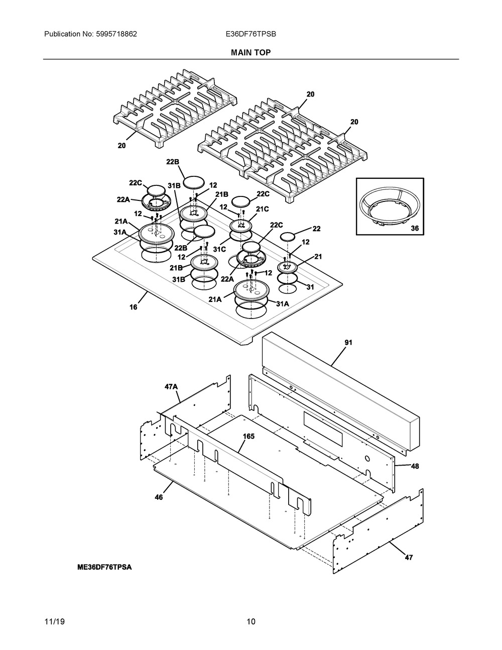 Main Top Diagram and Parts List for E36DF76TPSB  Frigidaire Range