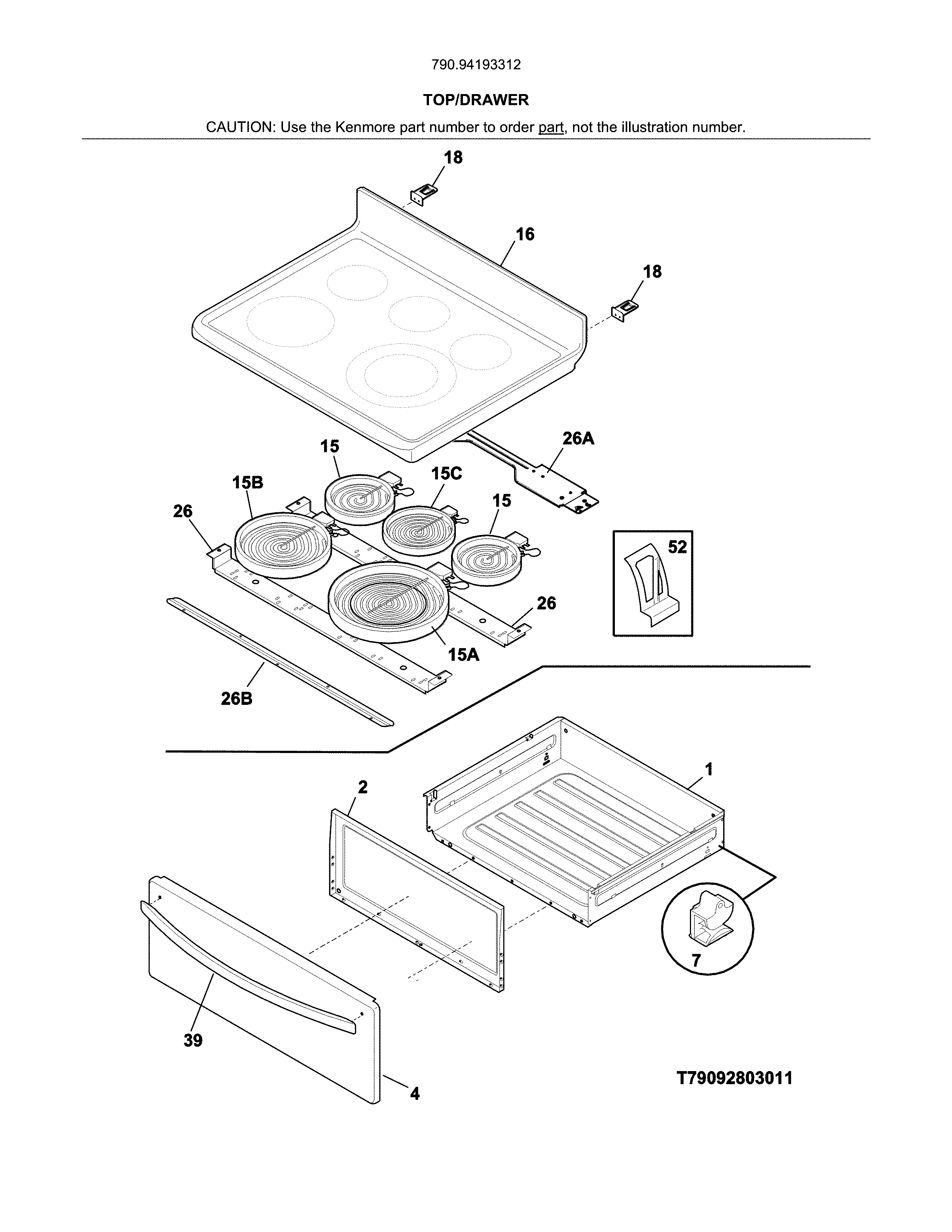 Top/drawer Diagram and Parts List for 79094193312  Kenmore Range