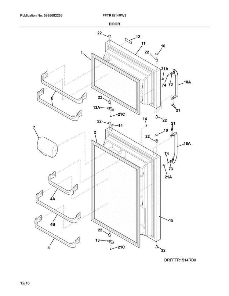 Door Diagram and Parts List for FFTR1514RW3  Frigidaire Refrigerator